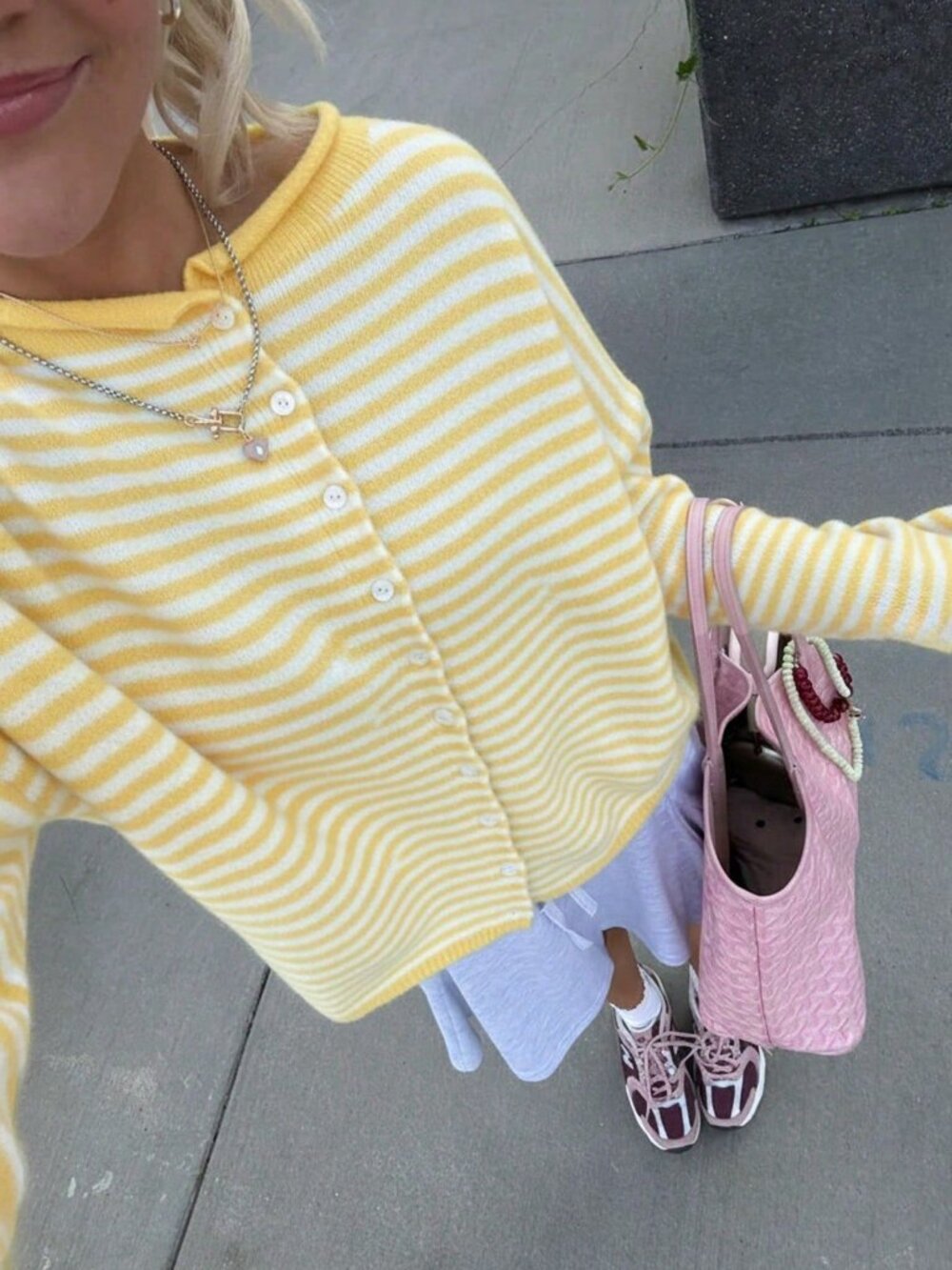 Yellow Streetwear Casual Loose Striped button down Knit Women's Cardigan - Picture 2 of 4